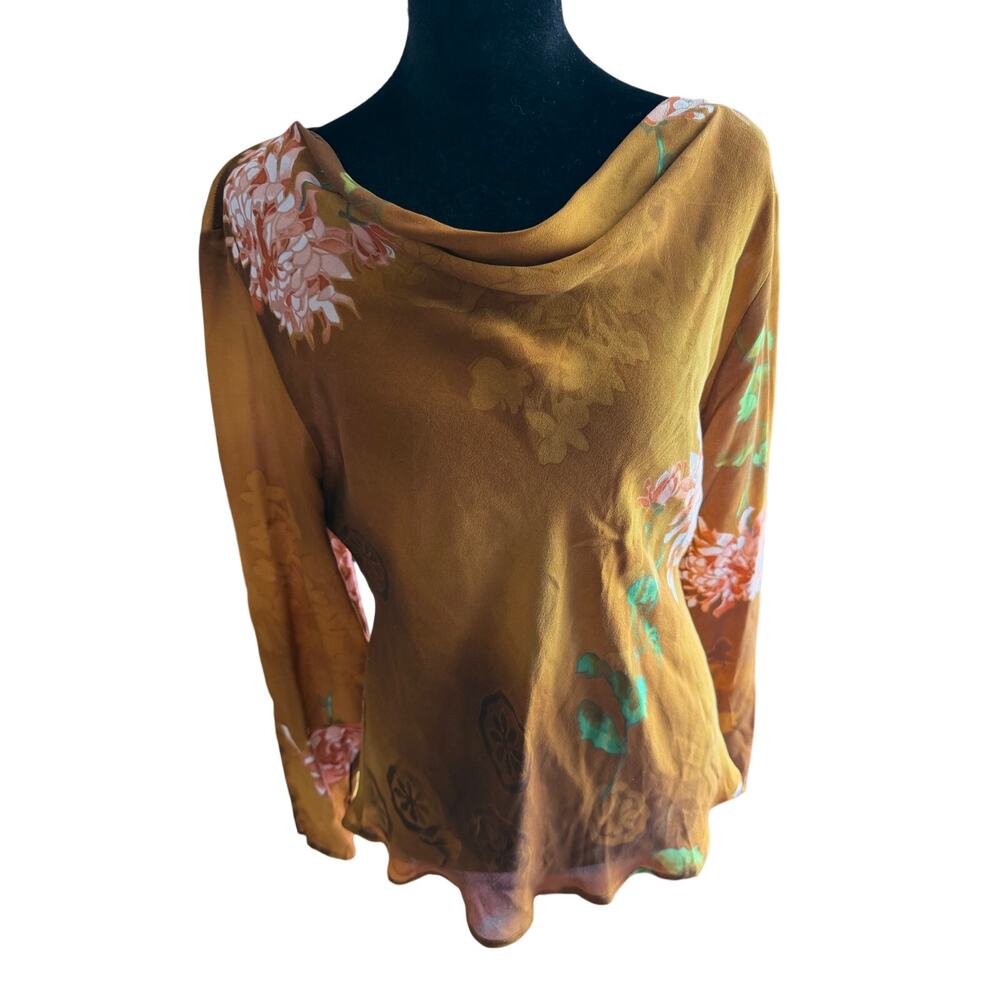 Vintage Tess 100% Silk Floral Blouse XL Mustard Gold Earthy Cowl Neck Fairy